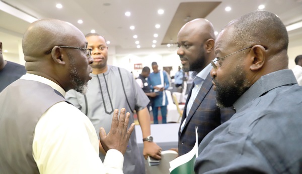 Kofi Bentil (left), Senior Vice-President of IMANI Africa, in a discussion with Kwame Jantuah (right), a member of the CSO’s platform on Oil and Gas; Benjamin Boakye (2nd from right), Executive Director of the Africa Centre for Energy Policy, Ghana, and Franklin Cudjoe (2nd from left), President of IMANI Africa. Picture: GABRIEL AHIABOR